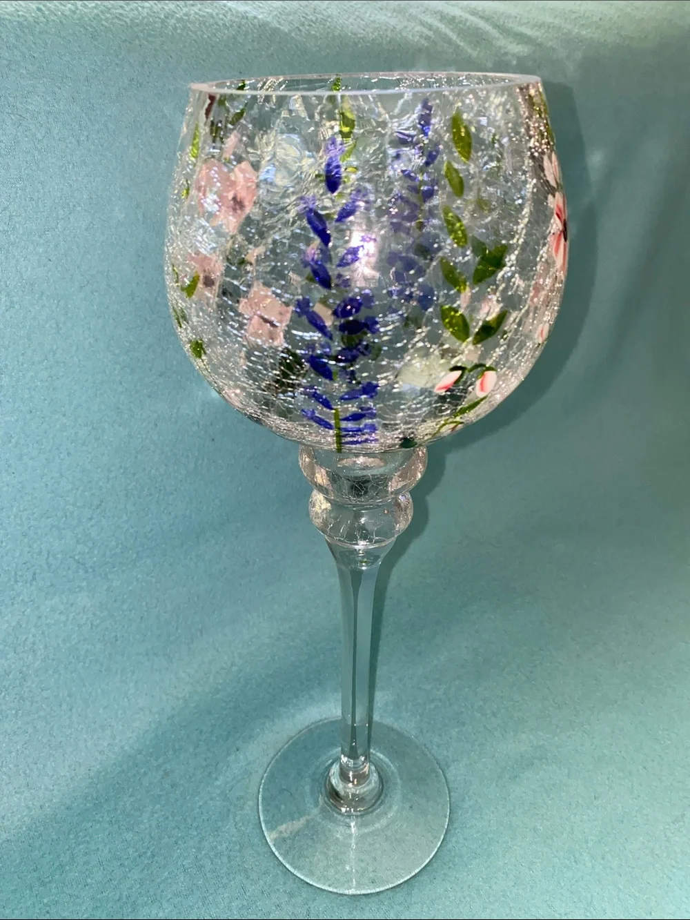 YANKEE CANDLE hand painted floral crackle glass vintage votive holder size 14”